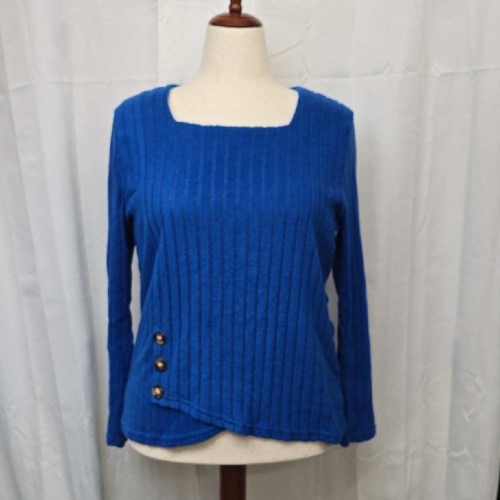 Blue Ribbed Women's Sweater Top with Button Detail